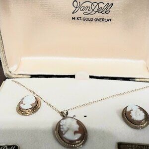 💥VINTAGE NECKLACE&EARRINGS 💥VAN DELL💥 14KT GOLD OVERLAY💥GENIUNE STONES W/BOX